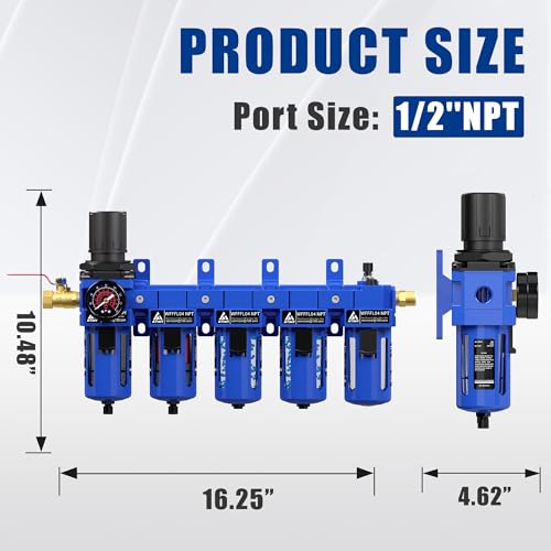 1/2" NPT 5 Stage Air Filter Regulator Lubricator Combo, Air Regulator and Water Separator,Air Compressor Water Separator-Blue - color: 5 Stage, size: 1/2'' NPT