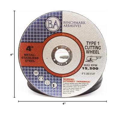 Benchmark Abrasives 4" Type 1 Aluminum Oxide Thin Cut Off Wheel 0.040" Thick 5/8" Arbor, Aggressive Metal Cutting Grinding Wheel for Stainless Steel, Cast Iron, Angle Grinder Discs - 25 Pack