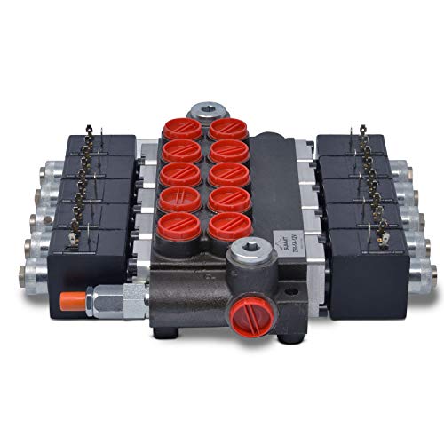 Summit Hydraulics Hydraulic Monoblock Solenoid Directional Control Valve, 5 Spool, 13 GPM, 12V DC, Cast Iron Body, Chrome Finish