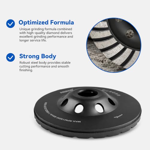 HERZO 4-1/2 Inch Turbo Diamond Cup Grinding Wheel, 7/8 Inch Arbor Concrete Grinder Disc for Angle Grinder, Surface Preparation, Leveling and Fast Grinding on Concrete, Cement, Stone, Brick and Masonry - size: 4.5 Inch Standard