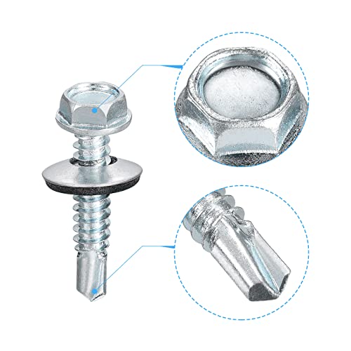 uxcell #14 x 1-1/4" Self Drilling Screws with Rubber Washer, 100pcs Zinc Plated Steel Roofing Screws Hex Head Self Tapping Screws with EPDM Washer for Metal to Metal - size: #14 x 1-1/4"