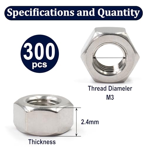 ZQZ M3-0.5 Hex Nuts,300PCS Stainless Steel Hardware Nut 304 ss Threaded Nut - size: Metric M3;300 PCS