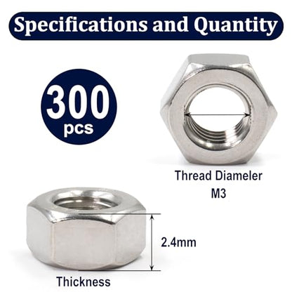 ZQZ M3-0.5 Hex Nuts,300PCS Stainless Steel Hardware Nut 304 ss Threaded Nut - size: Metric M3;300 PCS