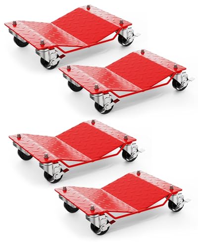 Heavy Duty Car Wheel Dollies – Set of 4 with Brakes, 6000 lbs Total Capacity, 360° Rotational Lockable Casters, for Cars, Trucks, Trailers, Motorcycles - color: Red, size: 4