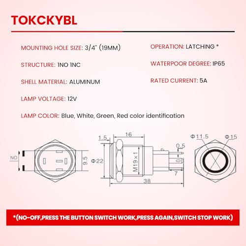 19mm Latching Push Button Switch 12V DC, IP65 Waterproof - color: Silver Stainless Shell White, size: 19mm