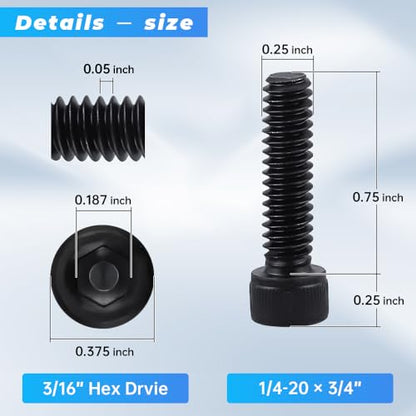 Glvaner 1/4"-20 x 3/4" (25 pcs) Socket Head Cap Screws, 12.9 Grade Alloy Steel, Black Oxide Finish, Full Thread UNC, Allen Hex Drive - size: 1/4-20 x 3/4"