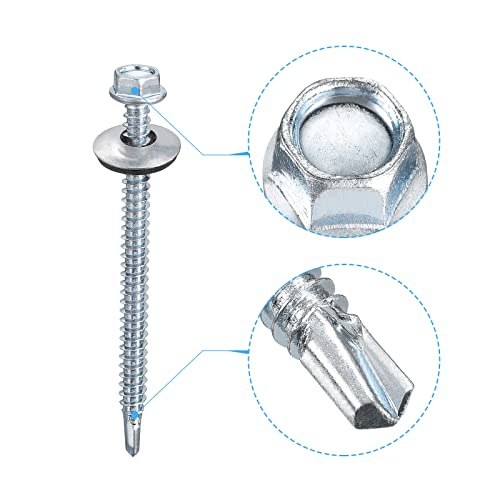 uxcell #12 x 2-61/64" Self Drilling Screws with Rubber Washer, 100pcs Zinc Plated Steel Roofing Screws Hex Head Self Tapping Screws with EPDM Washer for Metal to Metal - size: #12 x 2-61/64"