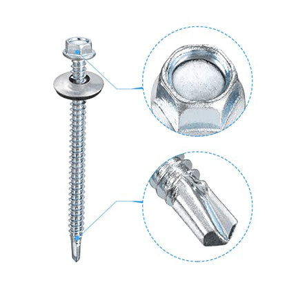 uxcell #12 x 2-61/64" Self Drilling Screws with Rubber Washer, 100pcs Zinc Plated Steel Roofing Screws Hex Head Self Tapping Screws with EPDM Washer for Metal to Metal - size: #12 x 2-61/64"