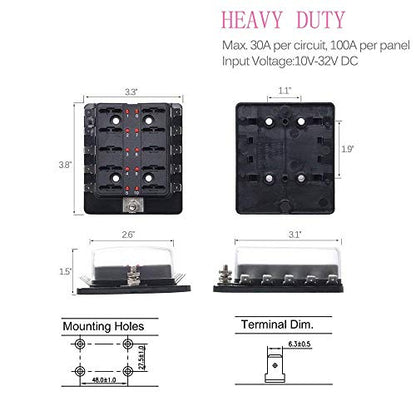 10 Way DC 12~32V Blade Fuse Box Holder Fuse Block - size: 10 way