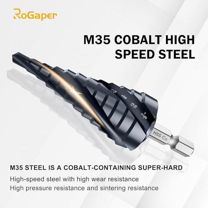 M35 Four Spiral Flute Cobalt Step Drill Bit, 3/16"-7/8" Wear-Resistant TiAlN Coated Four-Flute Step Bit, 1/4" Hex Shank Unibit Step Bit for Metal, Stainless Steel, Aluminum, Wood, Plastic - style: Four Flute-3/16-7/8