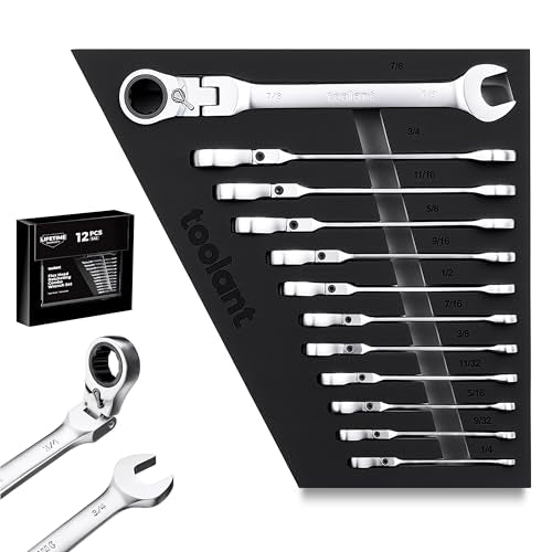 toolant 12pcs SAE Ratcheting Wrench Set, Flex-Head Ratchet Combination Wrench Sets with Switch Design, 1/4"-7/8", 90-Tooth and 4° Swing, 12PCS with Storage Tray