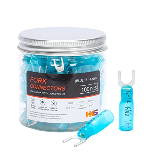 HKS 100PCS Fork Connector #10 Blue 16-14 Gauge - Heat Shrink Spade Fork Wire Connectors Kit - Tinned Red Copper - Automotive Marine Crimp Connectors - Waterproof and Insulated Terminals - color: Blue 16-14 Gauge, size: #10