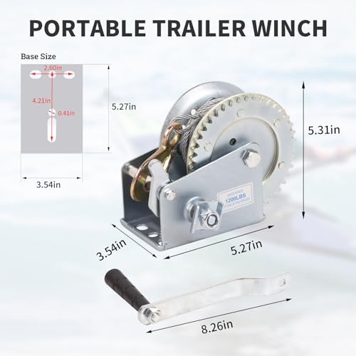Boat Trailer Winch 1200lbs Hand Winch Heavy Duty Hook with 10m/33ft Steel Cable Hand Crank Ratchet Winch and Ratio 4.1:1 Gear 1 Speed Switchable 2 Way for Boat Trailer Marine Truck ATV - style: 1200LBS