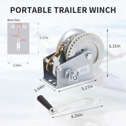 Boat Trailer Winch 1200lbs Hand Winch Heavy Duty Hook with 10m/33ft Steel Cable Hand Crank Ratchet Winch and Ratio 4.1:1 Gear 1 Speed Switchable 2 Way for Boat Trailer Marine Truck ATV - style: 1200LBS
