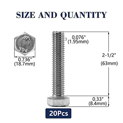 1/2-13 x 2-1/2" Hex Head Screw Bolt, 20Pcs 18-8 (304) Stainless Steel, Fully Threaded, Plain Finish, by SG TZH - size: 1/2-13 x 2-1/2"