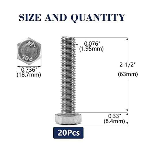 1/2-13 x 2-1/2" Hex Head Screw Bolt, 20Pcs 18-8 (304) Stainless Steel, Fully Threaded, Plain Finish, by SG TZH - size: 1/2-13 x 2-1/2"