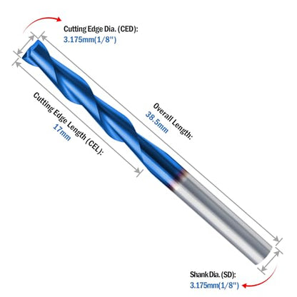 HQMaster 1/8" Shank CNC Router Bits 2 Flute Upcut CNC Bit End Mill 10pcs - size: 1/8"CED x 1/8"SD x 11/16"CEL x 1-1/2"OAL