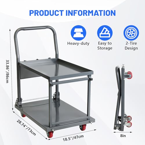 Heavy Duty Push Cart Dolly, 2 Tier Foldable Cart 28.75" X 18.5" X 34，800lbs Folding Cart with Wheels, Moving Flatbed Cart with Wheels for Warehouse, Garage, Workshop, Office