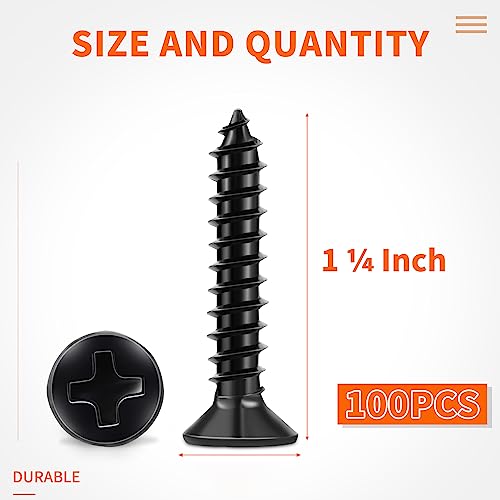 100 PCS #6 X 1-1/4 inch Black Oxide Coated Flat Head Phillips Wood Screws, Stainless Steel 18-8 (A2) Fully Threaded 6 X 1.26 Length Multipurpose Screw by TPOHH - size: #6 X 1-1/4 inch