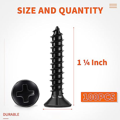 100 PCS #6 X 1-1/4 inch Black Oxide Coated Flat Head Phillips Wood Screws, Stainless Steel 18-8 (A2) Fully Threaded 6 X 1.26 Length Multipurpose Screw by TPOHH - size: #6 X 1-1/4 inch