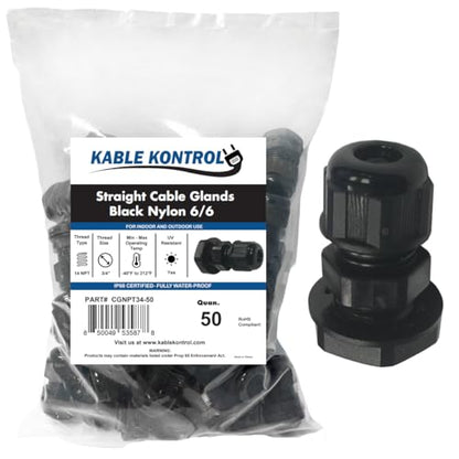 Kable Kontrol Nylon Cable Glands 3/4” Straight Gland 14 NPT 50 Pcs Cord Grips, Strain Relief, Waterproof Joint Wire Protectors for Industrial Use, Flame Retardant, RoHS Compliant - size: 0.75" - 14 NPT - 50 Pcs