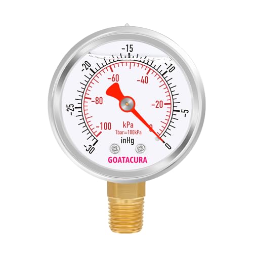 -30inHg/kpa-0 Glycerin Filled Vacuum Pressure Gauge, 2" Dial Size, 304 Stainless Steel Case, 1/4" NPT Lower Mount, with High Accuracy - size: -30inHg-0, style: Lower Mount