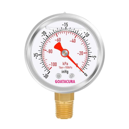 -30inHg/kpa-0 Glycerin Filled Vacuum Pressure Gauge, 2" Dial Size, 304 Stainless Steel Case, 1/4" NPT Lower Mount, with High Accuracy - size: -30inHg-0, style: Lower Mount