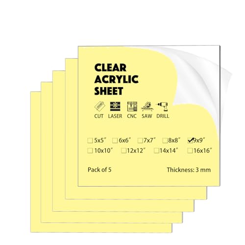 5 Pack 9"x9" Plexiglass Panels 3mm (1/8") Thick Transparent Acrylic Sheets with Protective Film for Picture Frame Art Design, DIY Craft, Signage, Display, and Home Projects - size: 9"x9" 3mm