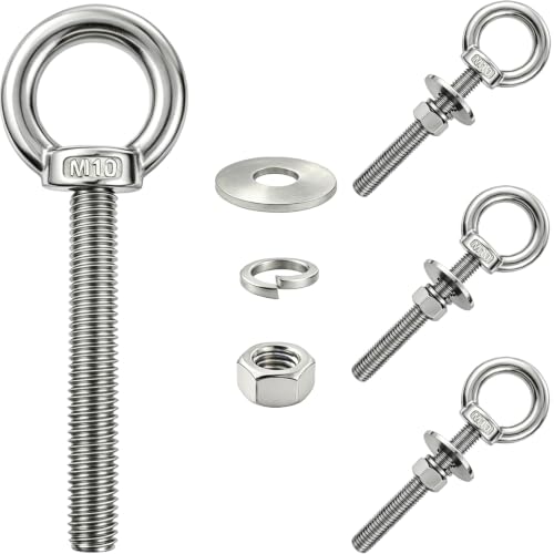 4 Pack M10 Stainless Steel Eye Bolts with Nuts, 3/8"x4" Long Lifting Ring Eye Bolt,Eye Bolts Heavy Duty for Hang Tie Down Outdoor (4, M10x102mm (3/8"x4")) - size: M10x102mm (3/8"x4")