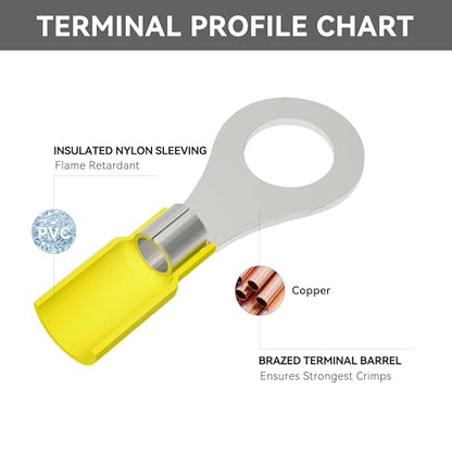 HKS 60PCS Insulated Ring Terminal 1/4" Yellow 12-10 AWG - M6 - Tinned Red Copper - Electrical Wire Connector Kit Crimp PVC - color: Yellow, size: 1/4"(M6)