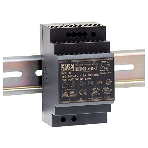 MEAN WELL HDR-60-5 Ultra Slim Step Shape 3SU DIN Rail Power Supply, 5 Volt, 6.5 Amp, 32.5 Watt