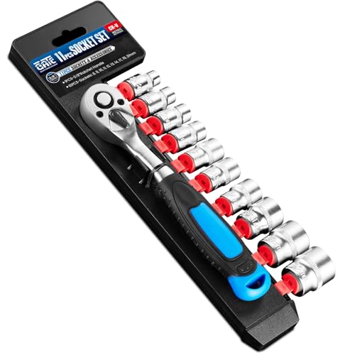 11PCS 3/8" Drive Metric Socket Wrench Set, 90-Tooth Reversible Ratchet Handle，6 Point Shallow Sockets (8-21mm), CR-V Steel, Tool Set For Car,Motorcycle,Bike Repair - size: 11p 9.5 Mm Drive (8 - 21 Mm)