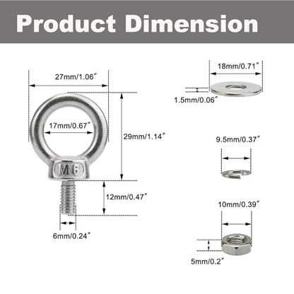 M6 Stainless Steel Eye Bolts with Nuts Washer 4 Pack, M6 x 12mm(1/4" x 0.47 inch) Shoulder Lifting Eye Bolt for Swing Truck, Heavy Duty Threaded Eyebolts for Tie Down Outdoor Yard Balcony - size: M6x12mm (1/4"x0.47")