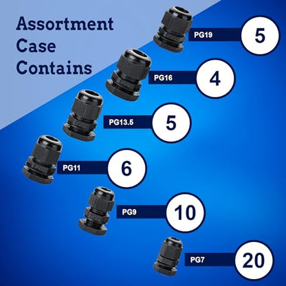 New Age America® 50pcs PG Cable Glands Kit KableLock™ | PG7 - PG19 | Black | Nylon Cord Grip Strain Relief | Adjustable Locknut Cable Connectors | IP68 Waterproof | PG7, PG9, PG11, PG13.5, PG16, PG19 - size: 50 PCS | PG7 - PG19
