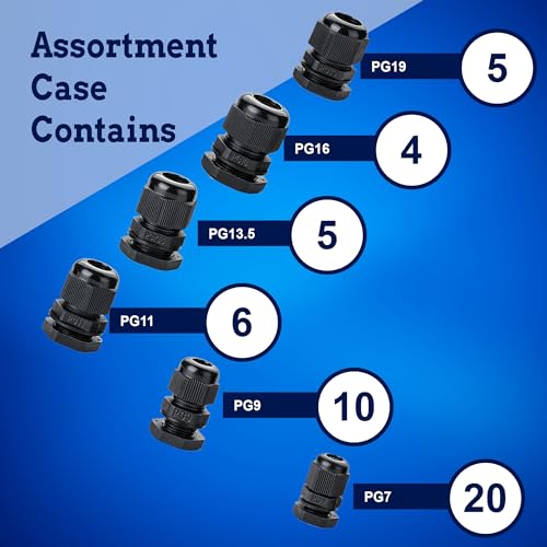 New Age America® 50pcs PG Cable Glands Kit KableLock™ | PG7 - PG19 | Black | Nylon Cord Grip Strain Relief | Adjustable Locknut Cable Connectors | IP68 Waterproof | PG7, PG9, PG11, PG13.5, PG16, PG19 - size: 50 PCS | PG7 - PG19