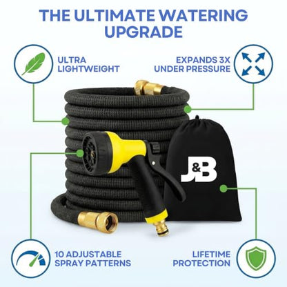 J&B XpandaHose 50ft Expandable Garden Hose, Lightweight, Brass Connectors - color: Black, size: 50ft