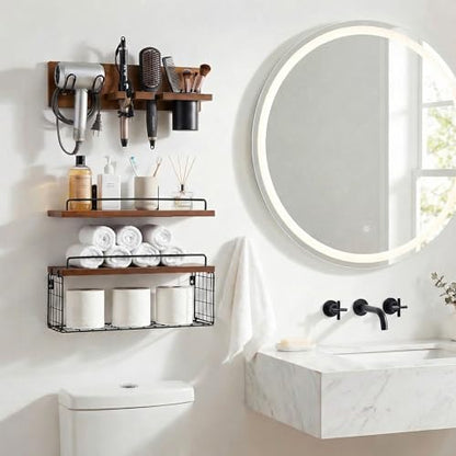 3-Tier Bathroom Floating Shelves with Hair Dryer Holder, Brown - color: Brown