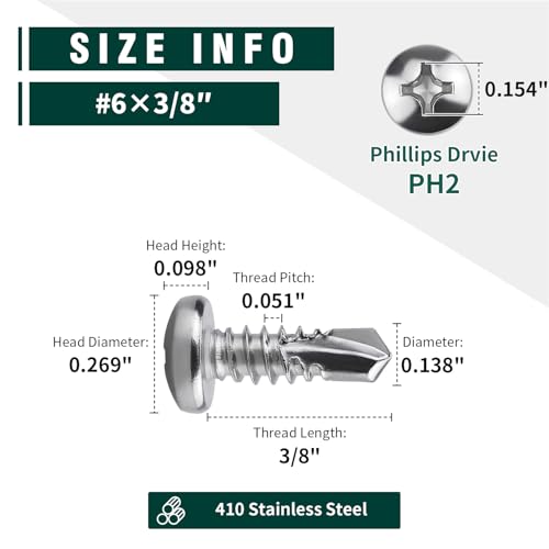 EASTLO #6 x 3/8" Pan Head Self Drilling Screws, Phillips Drive, 410 Stainless Steel Sheet Metal Screws,Self Tapping, Dovetail, Pack of 100 - size: #6 x 3/8"