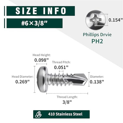 EASTLO #6 x 3/8" Pan Head Self Drilling Screws, Phillips Drive, 410 Stainless Steel Sheet Metal Screws,Self Tapping, Dovetail, Pack of 100 - size: #6 x 3/8"