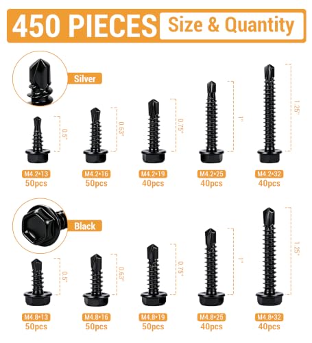 Stainless Steel Wood & Sheet Metal Screw Assortment Self-Tapping Screws (450PCS HEX Black) - size: 450PCS HEX BLACK