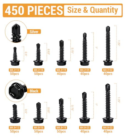 Stainless Steel Wood & Sheet Metal Screw Assortment Self-Tapping Screws (450PCS HEX Black) - size: 450PCS HEX BLACK
