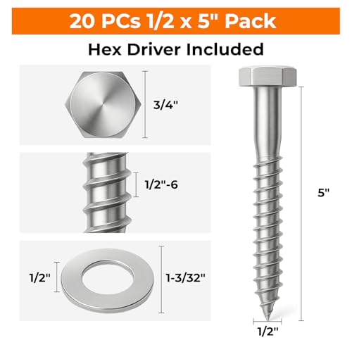 1/2 x 5 Lag Bolts, 20 PCs Heavy Duty 304 Stainless Steel Wood Lag Screws for Deck Framing Outdoor Projects, SS Hex Head - color: Silver, size: 1/2 x 5"