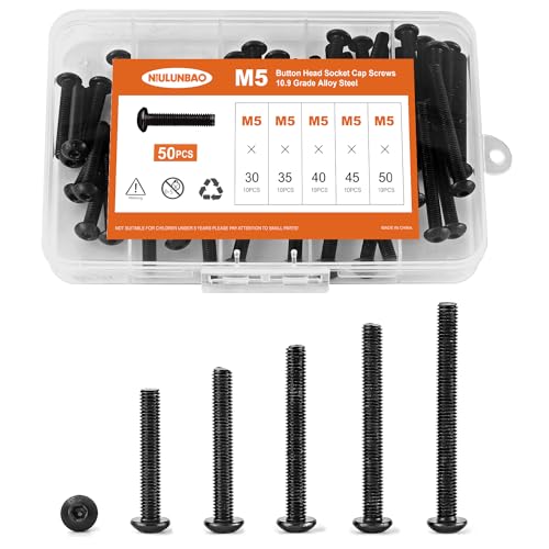 M5 x 30mm 35mm 40mm 45mm 50mm Button Head Socket Cap Screws Bolts 10.9 Grade Alloy Steel Metric, Black Oxide Finish, Allen Hex Drive, Machine Fully Threaded, Assortment Kit 50PCS - size: M5 x 30/35/40/45/50mm (50PCS)