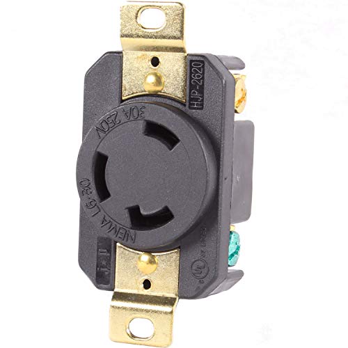Journeyman-Pro 2620, NEMA L6-30R, 30A 250 Volt, Flush Mounting Locking Receptacle Socket/Outlet, Black Industrial Grade, Grounding Welding/Generator Rated 7500 Watts (1, 2620) - size: 2620