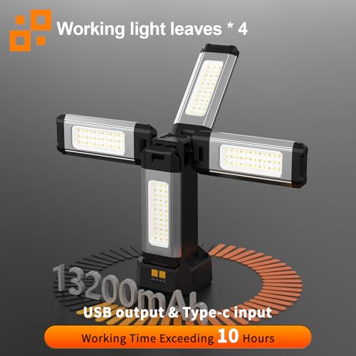 IODOO 13200mAh Rechargeable Aluminum Work Light , IPX4 Waterproofwith Folding Stand Support and Portable Carrying Bag, 8000 Lumen Stepless Dimmable , 3 Lighting Modes, White/Warm/Nature White