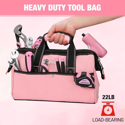 WORKPRO 13-Inch Tool Bag, Pink Soft Cloth Tool Storage Bags, Wide Mouth Tool Tote Bag with Inside Pockets - Pink Ribbon - color: Pink