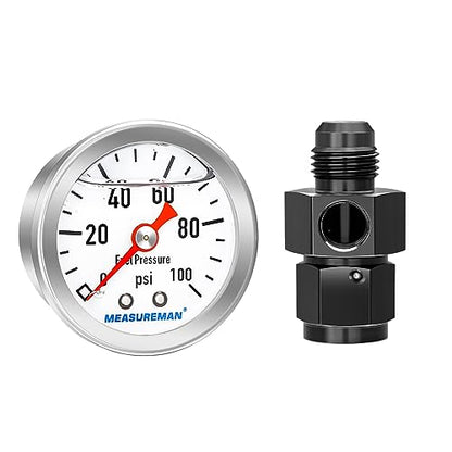 MEASUREMAN 0-100Psi Stainless Steel Glycerin Filled Fuel Pressure Gauge, 1-1/2" Dial Size, with 6AN Fuel Pressure Take Off Fitting Adapter Aluminum, 1/8" NPT Center Back Mount - size: 0-100 psi, style: Back Mount 6AN Adapter