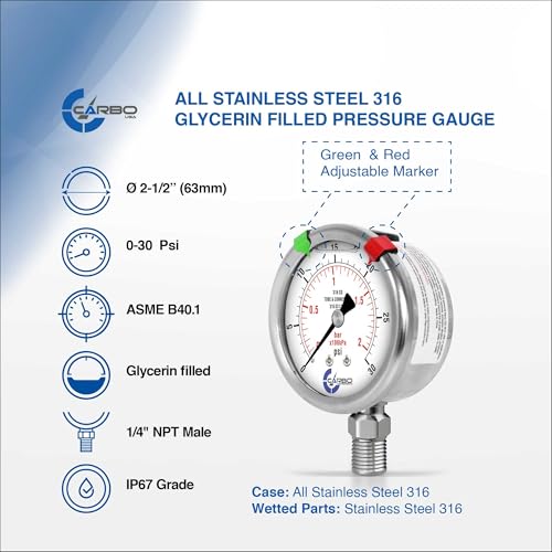 Carbo 30 PSI Liquid Filled Pressure Gauge with NIST Traceable Certificate, Calibrated in USA Lab, 2.5" Dial, 1/4 NPT Lower Mount, ASME Grade A, 316 SS Case, 316 SS Wetted Parts, PSI/Bar - size: 0-30 PSI, style: NIST TRACEABLE
