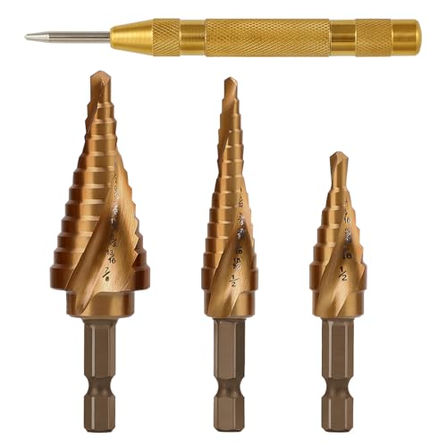 COMOWARE 3PCS M35 Cobalt Step Drill Bit Set with 1/4" Hex Shank, Automatic Center Punch, Two-Flute Impact Design, Ideal for Metal, Stainless Steel, Wood, Plastic - style: 3Pcs Cobalt - Hex Shank