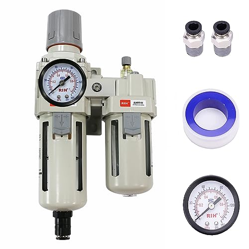 RIH Pneumatics Compressed Air Filter Regulator Lubricator Combo Water/Oil Trap Separator - Gauge(0-150 psi), Semi-Auto Drain, Poly Bowl,Bracket - 3 in 1 Two Unit (1/2“ NPT Auto Drain) - size: 1/2“ NPT Auto Drain